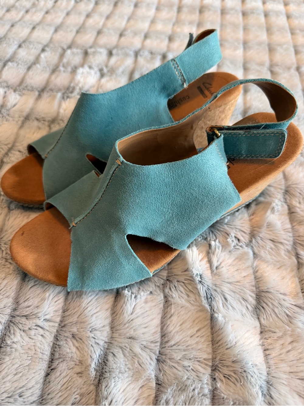 Clark’s Blue Suede Leather Helio Float Cork Wedge Sandals Size 9